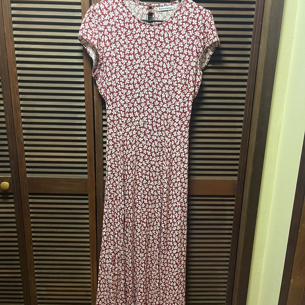 Reformation Red Floral Midi Dress (Size 12) - Picture 2 of 5
